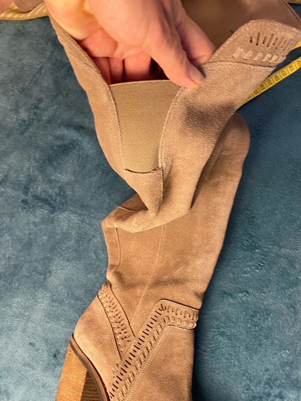 VINCE CAMUTO Tan Suede Leather Over-the-Knee 4” Heel Boots, 9, zipper, elastic
